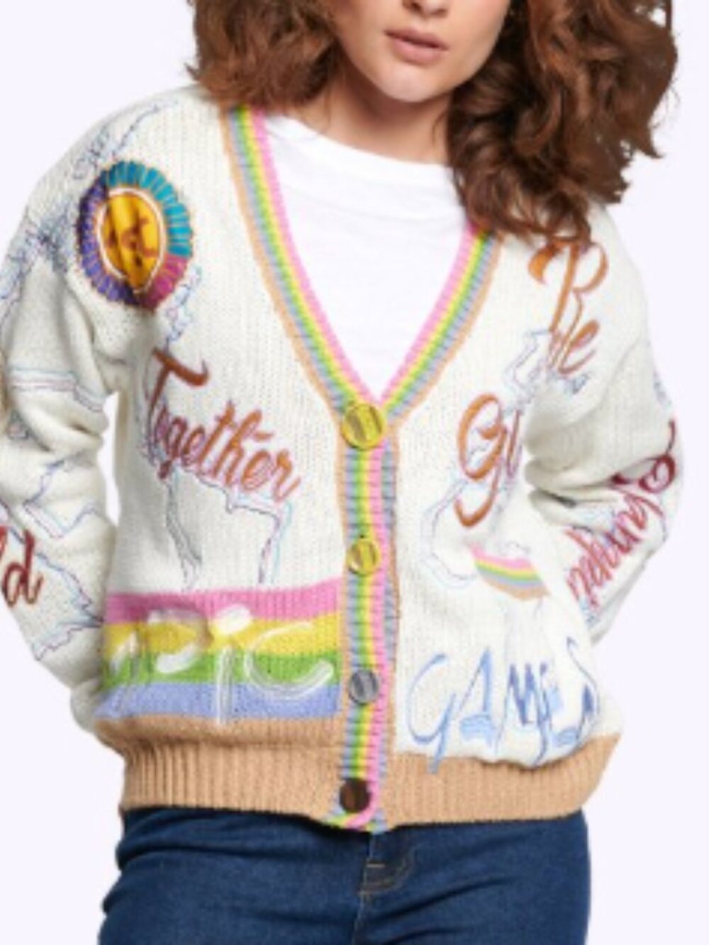 NO! JEANS Olympic Games Embroidered Cardigan in Cream — Size M